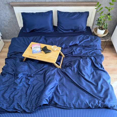 Комплект постільної білизни Однотонний синій зі страйп полісатину, півтораспальний
